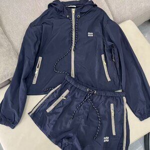 Miu Miu Navy Blue Hooded Sun Protection Jacket + Shorts Two-Piece Set, Size S.